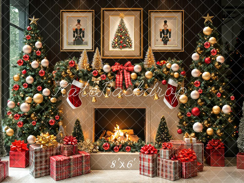 Kate Christmas Fireplace Trees Presents Backdrop Designed by Mini MakeBelieve - Kate Backdrop AU