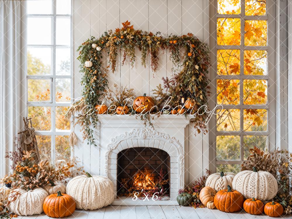 Kate Autumn Fireplace Pumpkins Window Backdrop Designed by Emetselch - Kate Backdrop AU
