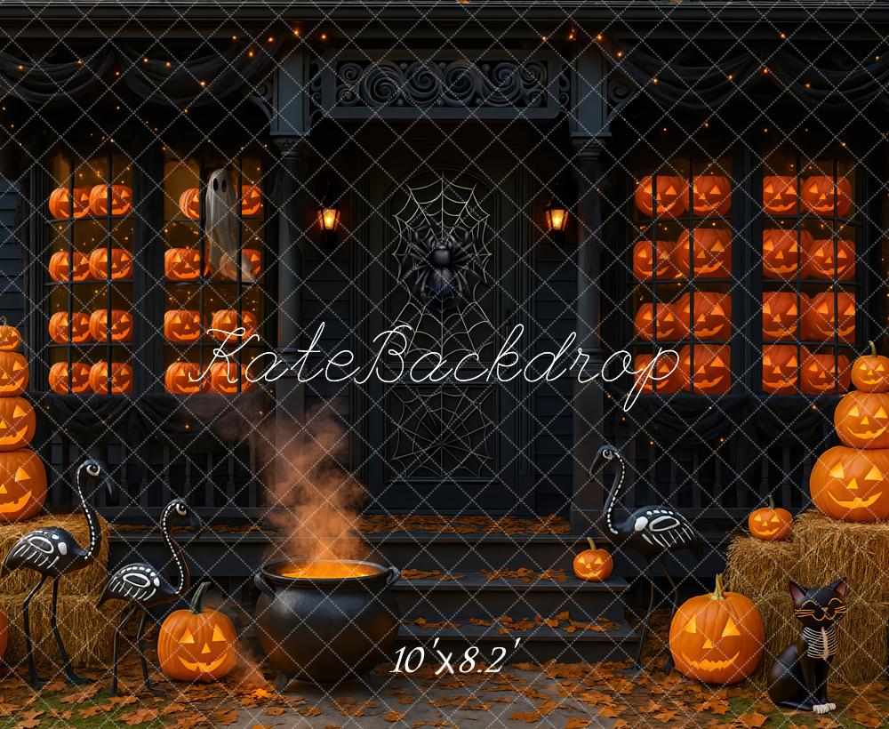 Kate Halloween Pumpkins Cauldron Porch Backdrop Designed by Mini MakeBelieve