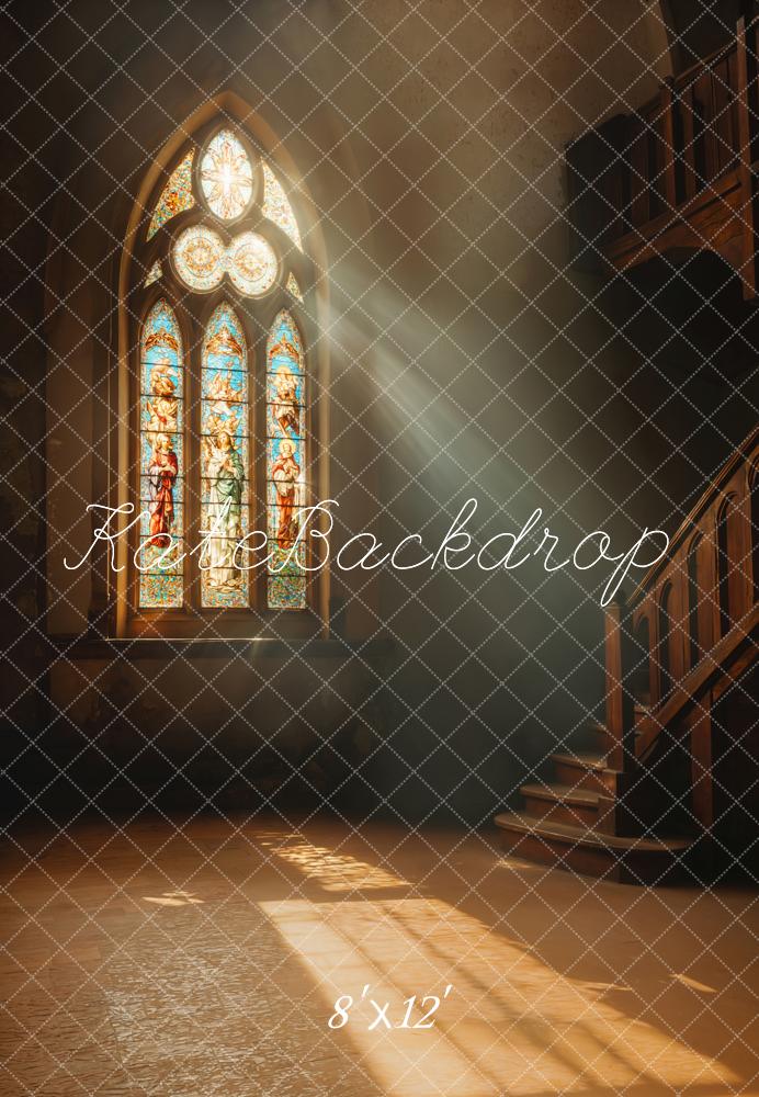 Kate Stained Glass Window Staircase Sunlight Fleece Backdrop Designed by Emetselch - Kate Backdrop AU