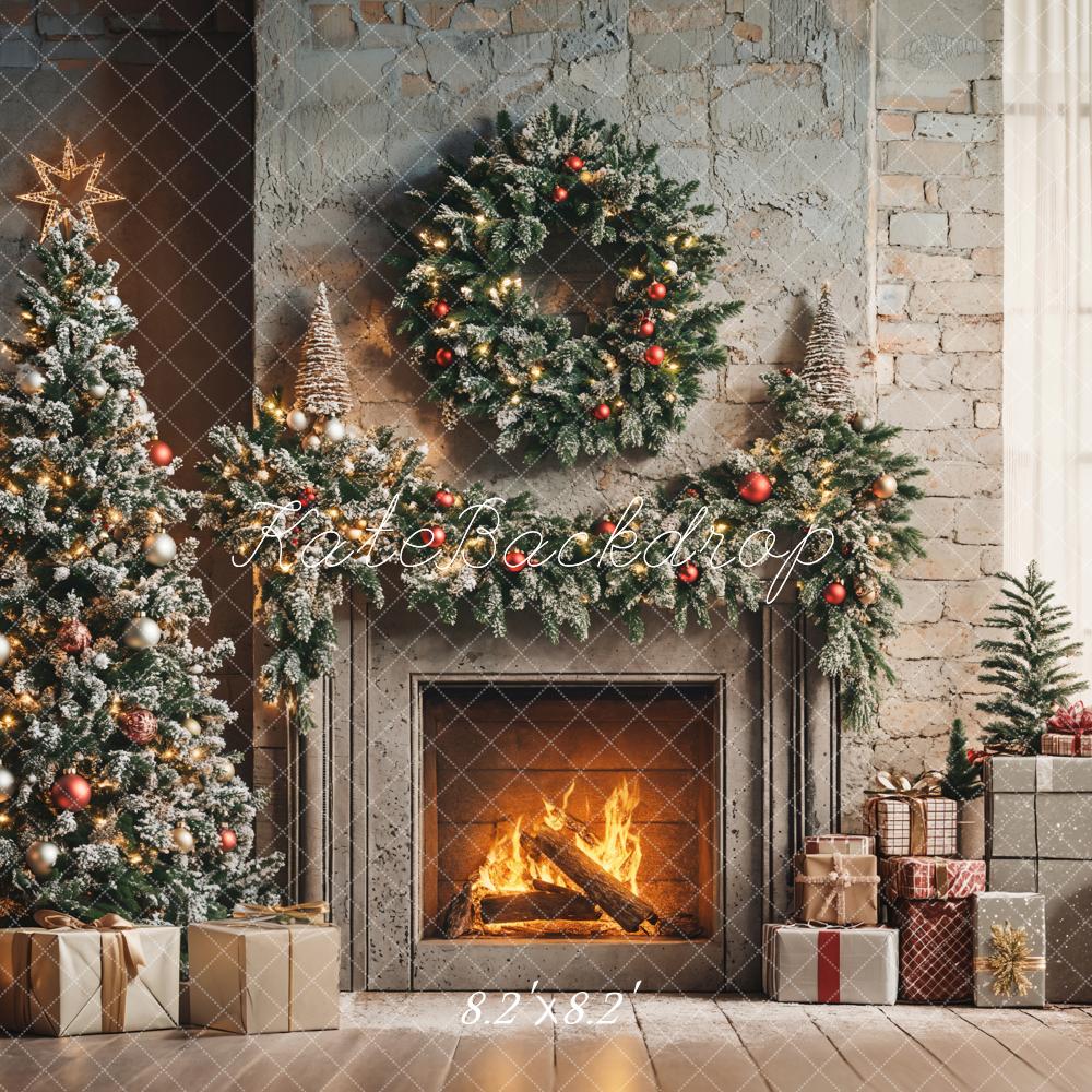 Kate Christmas Tree Fireplace Wreath Presents Backdrop Designed by Emetselch - Kate Backdrop AU