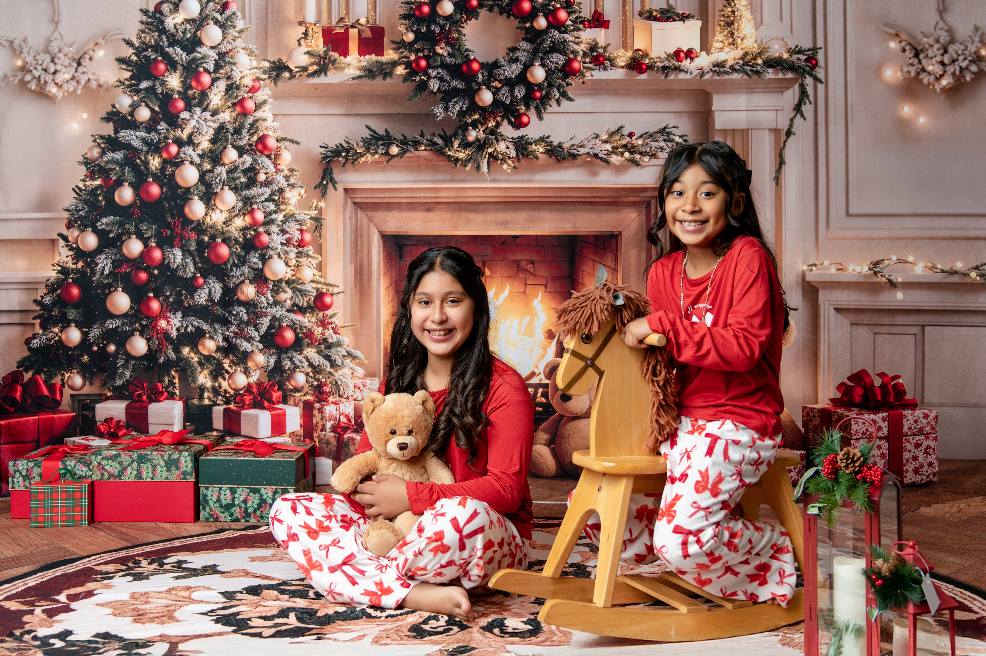 Kate Christmas Tree Fireplace Flame Backdrop+Retro Circular Pattern Floor Backdrop - Kate Backdrop AU