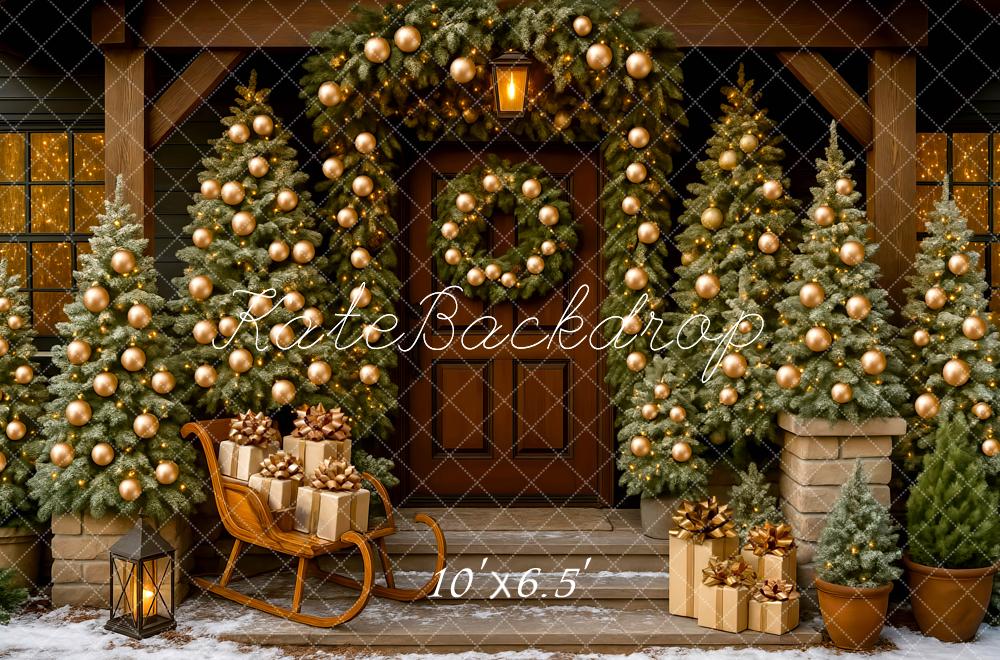 Kate Christmas Porch Trees Presents Sled Backdrop Designed by Mini MakeBelieve - Kate Backdrop AU