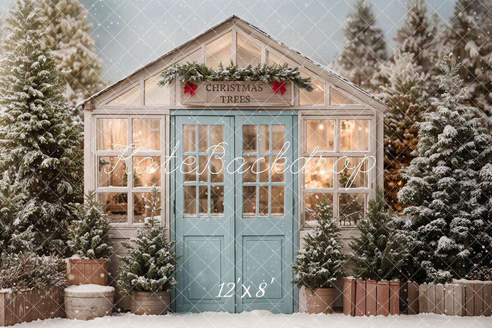 Kate Christmas Trees House Snowy Fleece Backdrop Designed by Emetselch