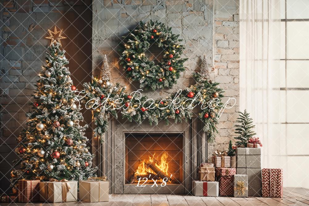 Kate Christmas Fireplace Tree Wreath Gifts Fleece Backdrop Designed by Emetselch