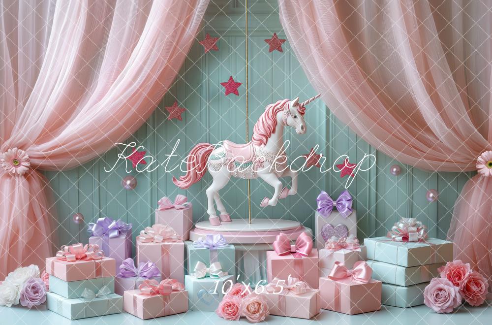 Kate Unicorn Carousel Pink Curtains Gift Boxes Backdrop Designed by Mini MakeBelieve - Kate Backdrop AU