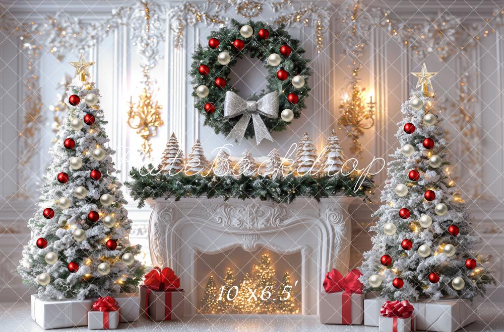 Kate Christmas Trees Fireplace Wreath Gifts Backdrop Designed by Mini MakeBelieve - Kate Backdrop AU
