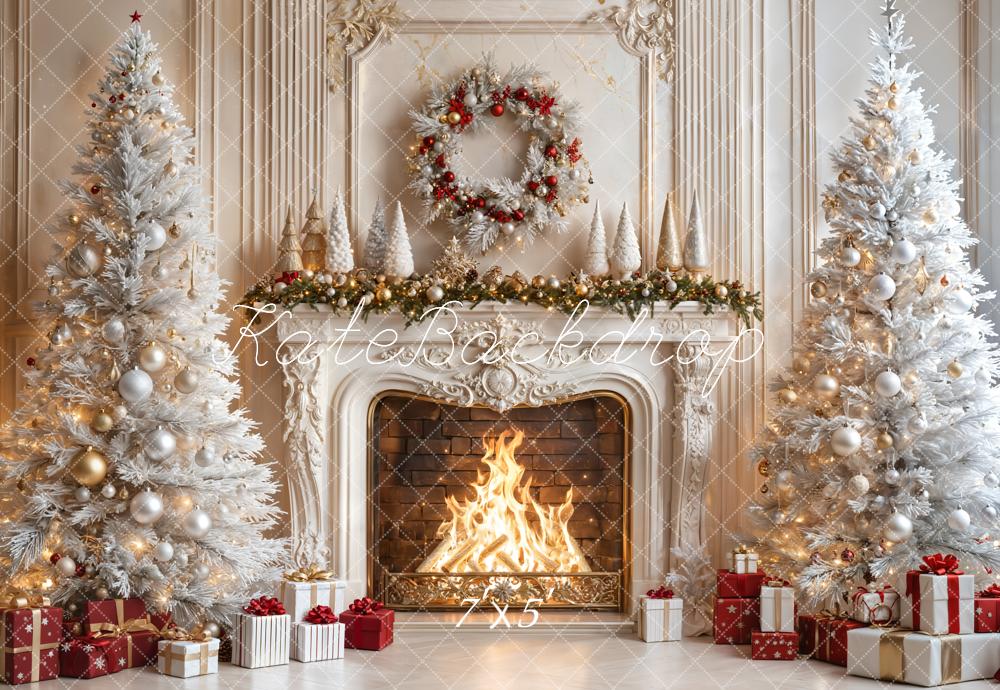 Kate Christmas White Trees Fireplace Backdrop Designed by Emetselch