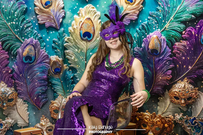 Kate Mardi Gras Peacock Feather Mask Wall Backdrop Designed by Mini MakeBelieve - Kate Backdrop AU