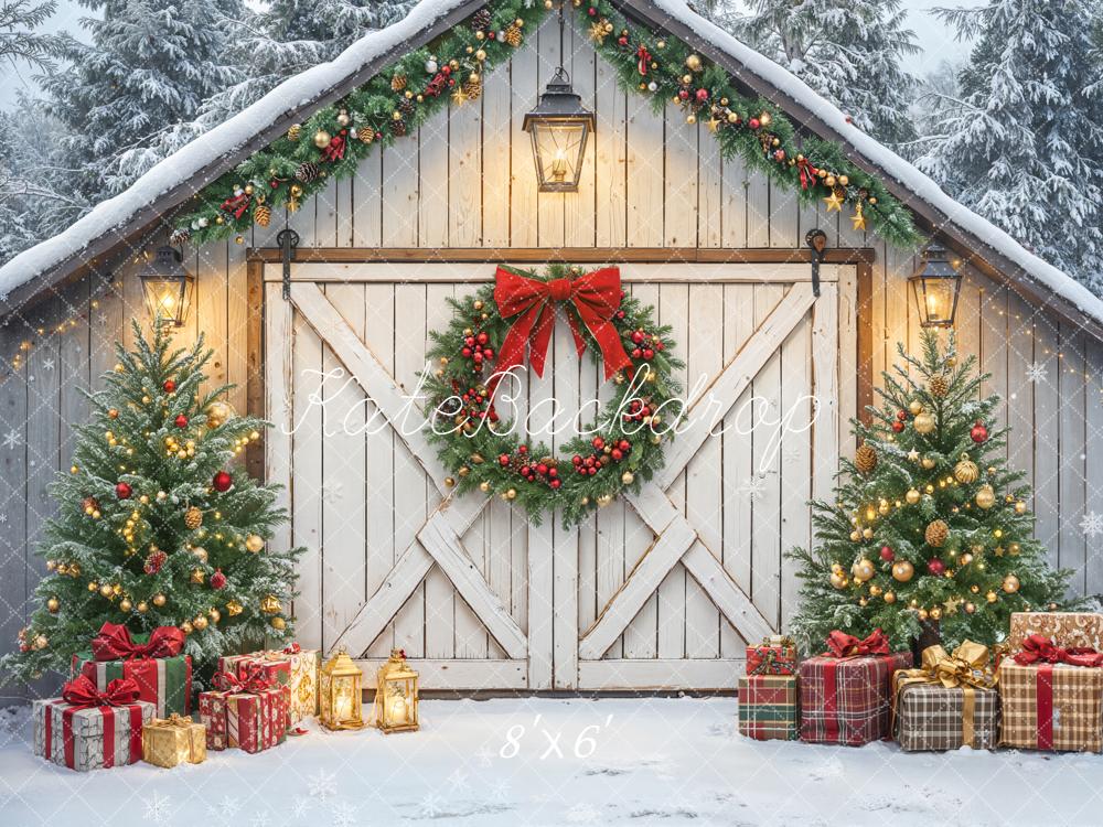 Kate Christmas Barn Door Wreath Trees Gifts Backdrop Designed by Emetselch - Kate Backdrop AU