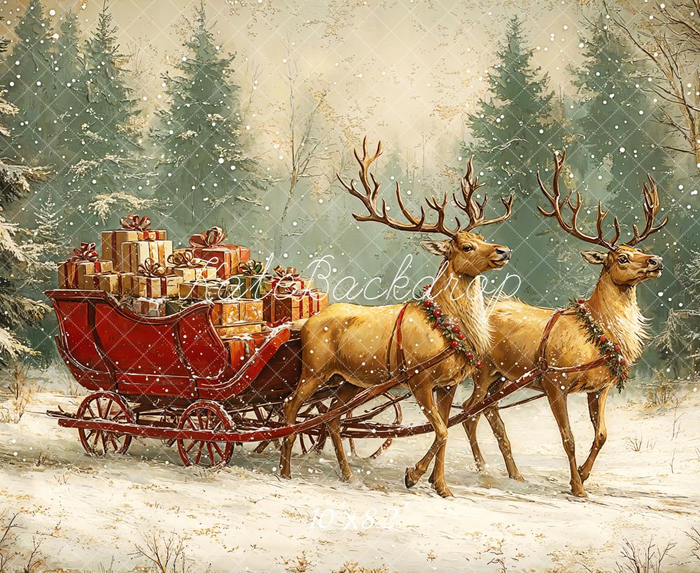 Kate Christmas Backdrop Reindeer Sled Presents Snow Designed by GQ - Kate Backdrop AU