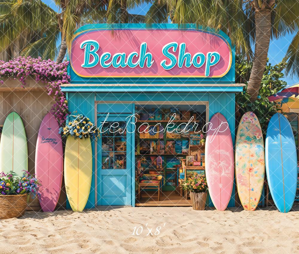 Kate Beach Shop Surfboards Palm Trees Backdrop Designed by Emetselch