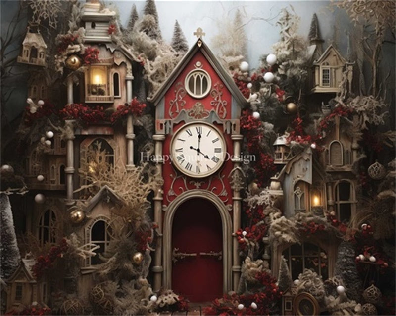 Kate Christmas Clock House Red Vintage Backdrop Designed by Happy Squirrel Design