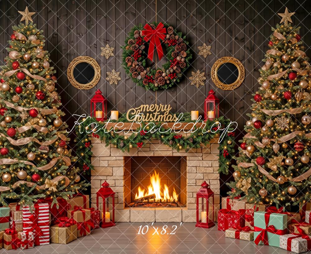 Kate Christmas Fireplace Wreath Trees Presents Backdrop Designed by Patty Roberts