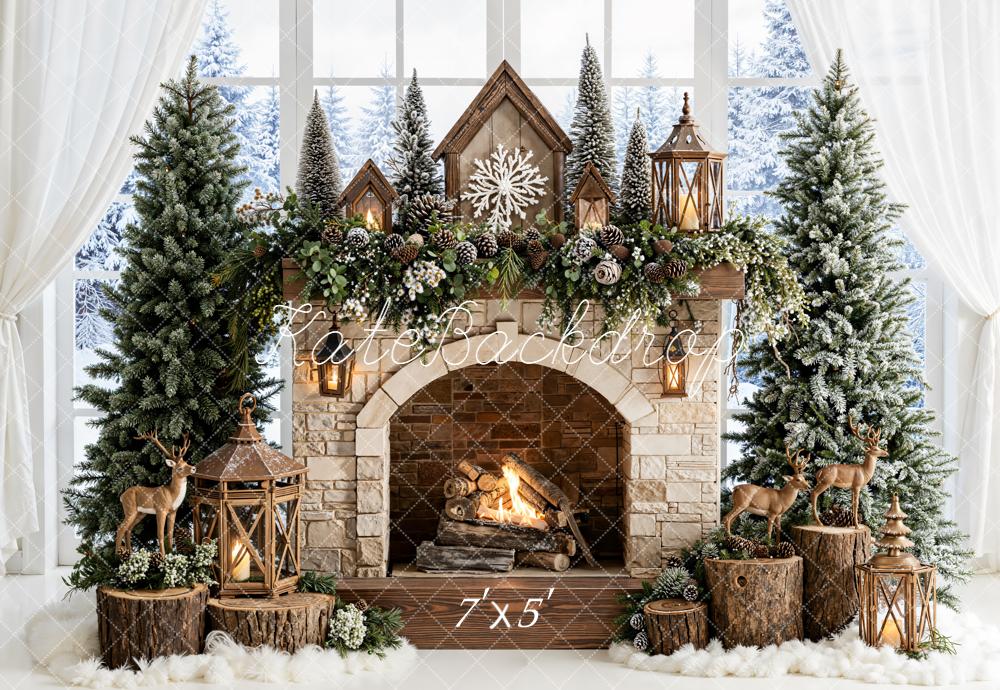 Kate Christmas Fireplace Pine Trees Backdrop Designed by Emetselch