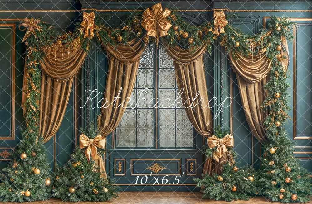 Kate Christmas Gold Curtains Window Garland Backdrop Designed by Emetselch