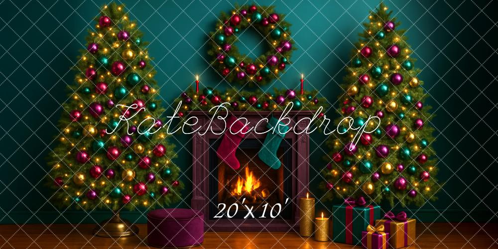 Kate Christmas Trees Fireplace Wreath Backdrop Designed by Megan Leigh - Kate Backdrop AU