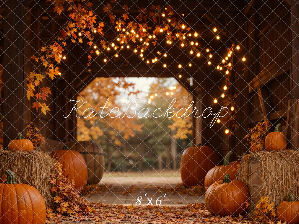 Kate Autumn Pumpkins Hay Barn Lights Backdrop Designed by Emetselch