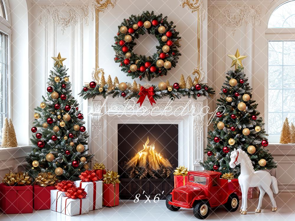 Kate Christmas Fireplace Trees Wreath Presents Backdrop Designed by Mini MakeBelieve - Kate Backdrop AU
