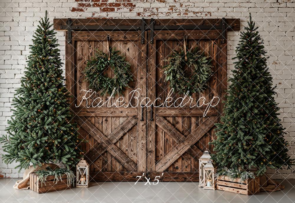 Kate Christmas Pine Trees Barn Doors Backdrop Designed by Emetselch