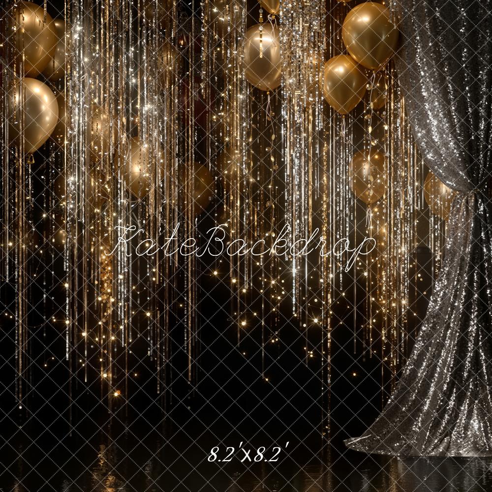 Kate Gold Balloons Glitter Streamers Silver Curtains Backdrop Designed by Emetselch