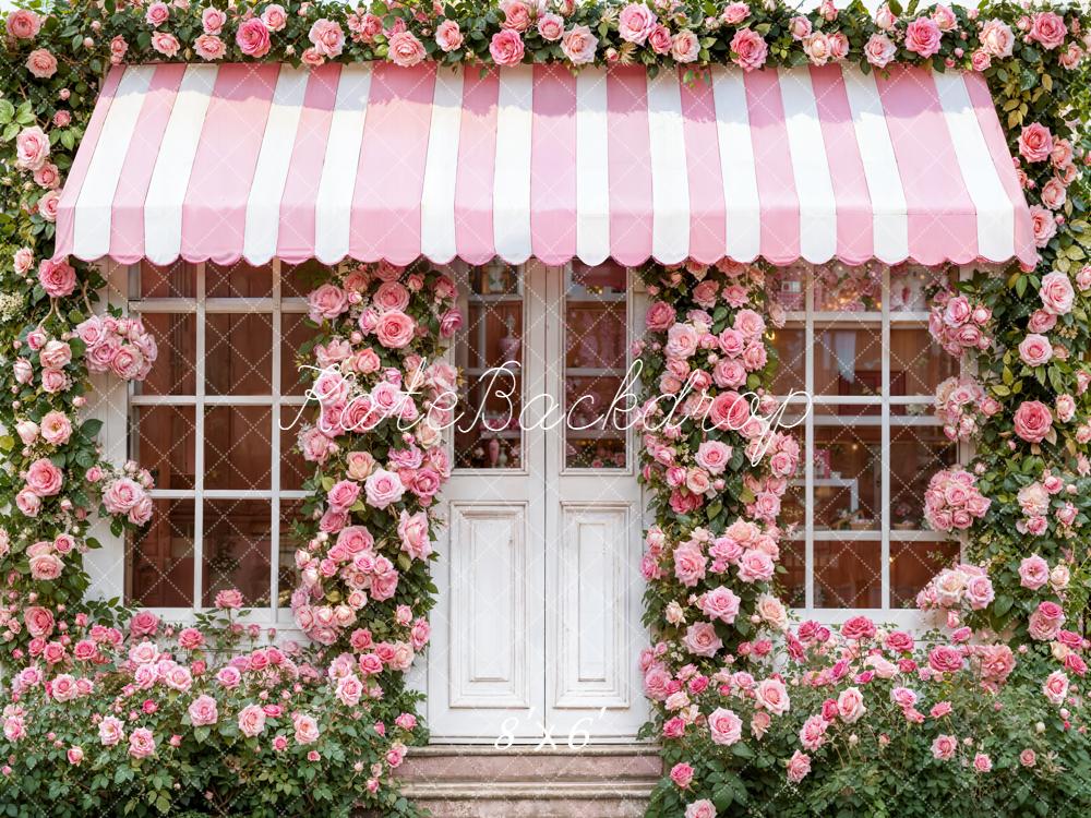 Kate Pink Rose Shopfront Striped Backdrop Designed by Emetselch
