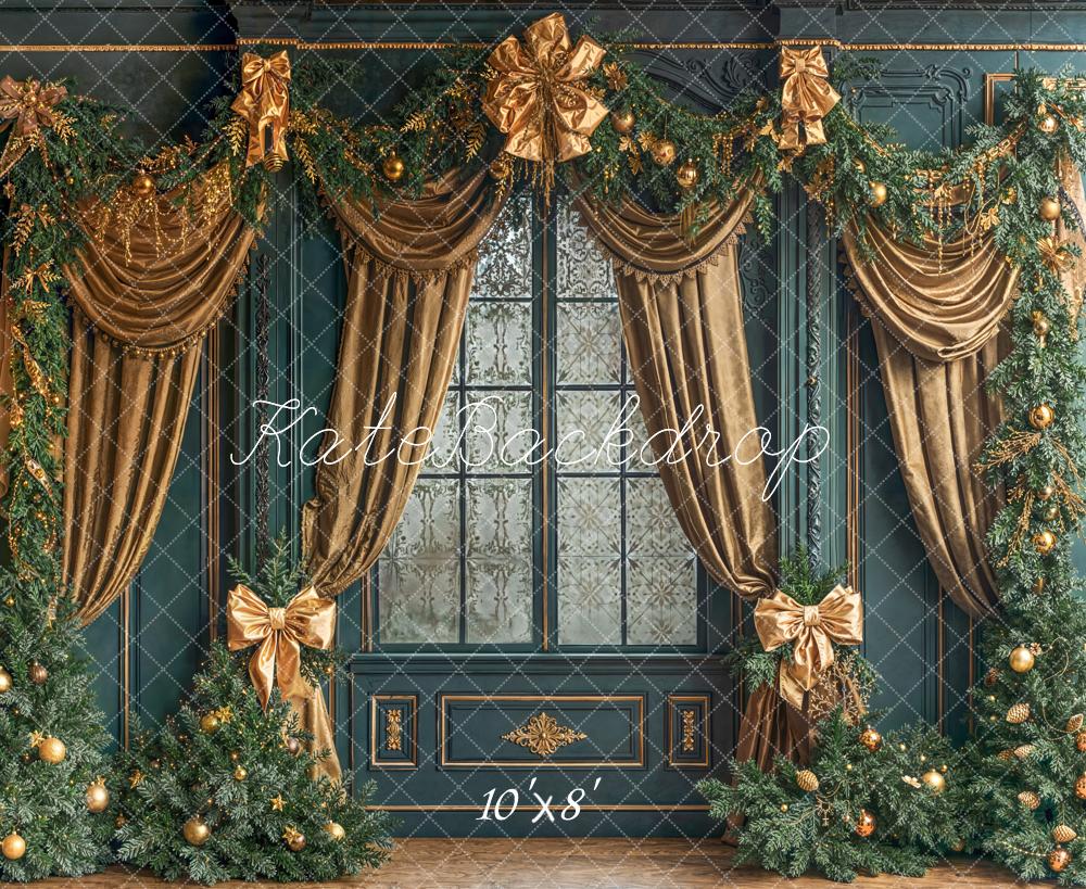 Kate Christmas Gold Curtains Fleece Backdrop Designed by Emetselch - Kate Backdrop AU
