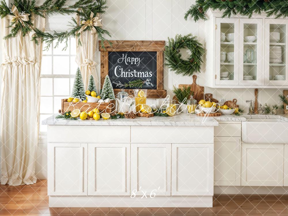 Kate Christmas Kitchen Wreath Lemons Garland Fleece Backdrop Designed by Chain - Kate Backdrop AU