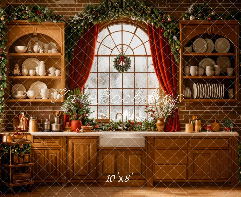 Kate Christmas Kitchen Window Garland Fleece Backdrop Designed by Emetselch