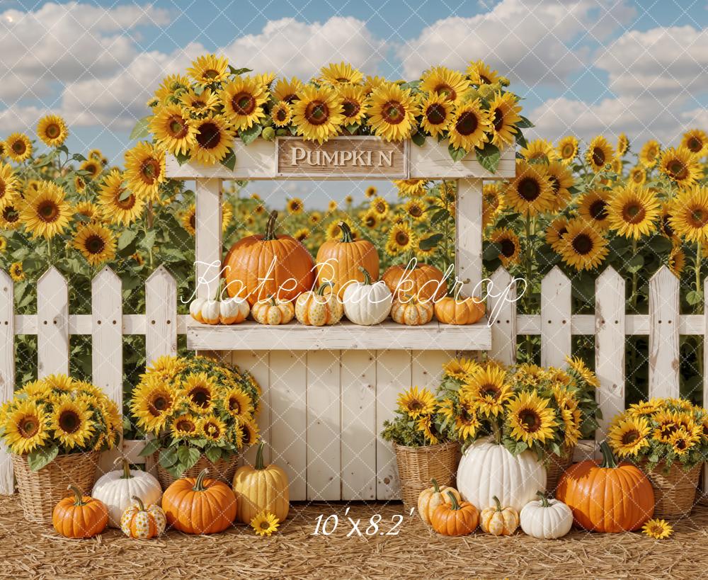 Kate Fall Sunflowers Pumpkins Fence Backdrop Designed by Emetselch