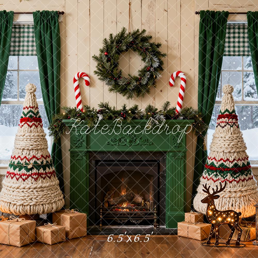Kate Christmas Fireplace Knitted Trees Wreath Backdrop Designed by Emetselch