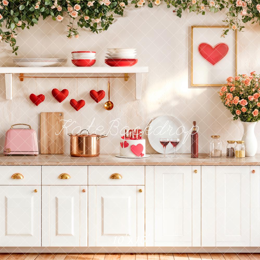 Kate Valentine Kitchen Red Hearts Backdrop Designed by Emetselch