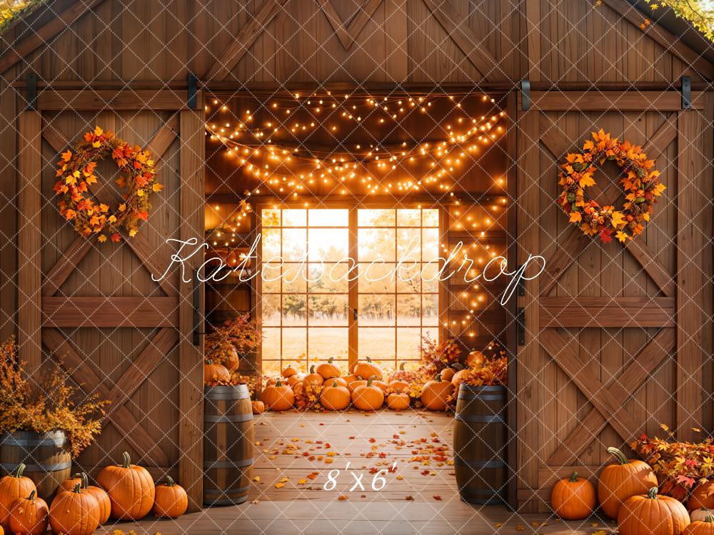 Kate Autumn Barn Pumpkins Lights Backdrop Designed by Emetselch