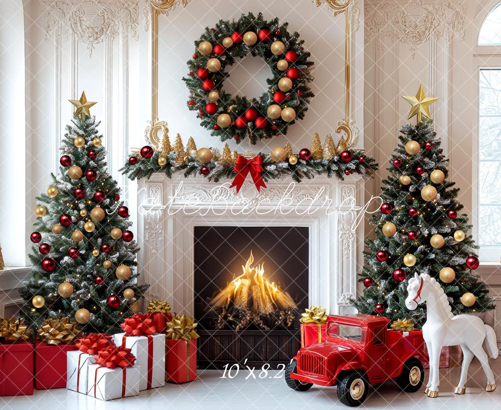 Kate Christmas Fireplace Trees Wreath Presents Backdrop Designed by Mini MakeBelieve - Kate Backdrop AU