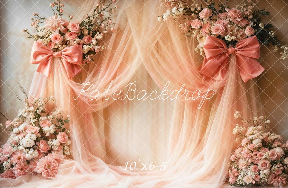 Kate Wedding Pink Flowers Drapes Bow Backdrop Designed by Emetselch