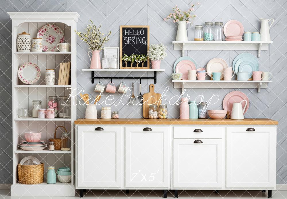 Kate Spring Kitchen Cabinets Crockery Backdrop Designed by Patty Roberts