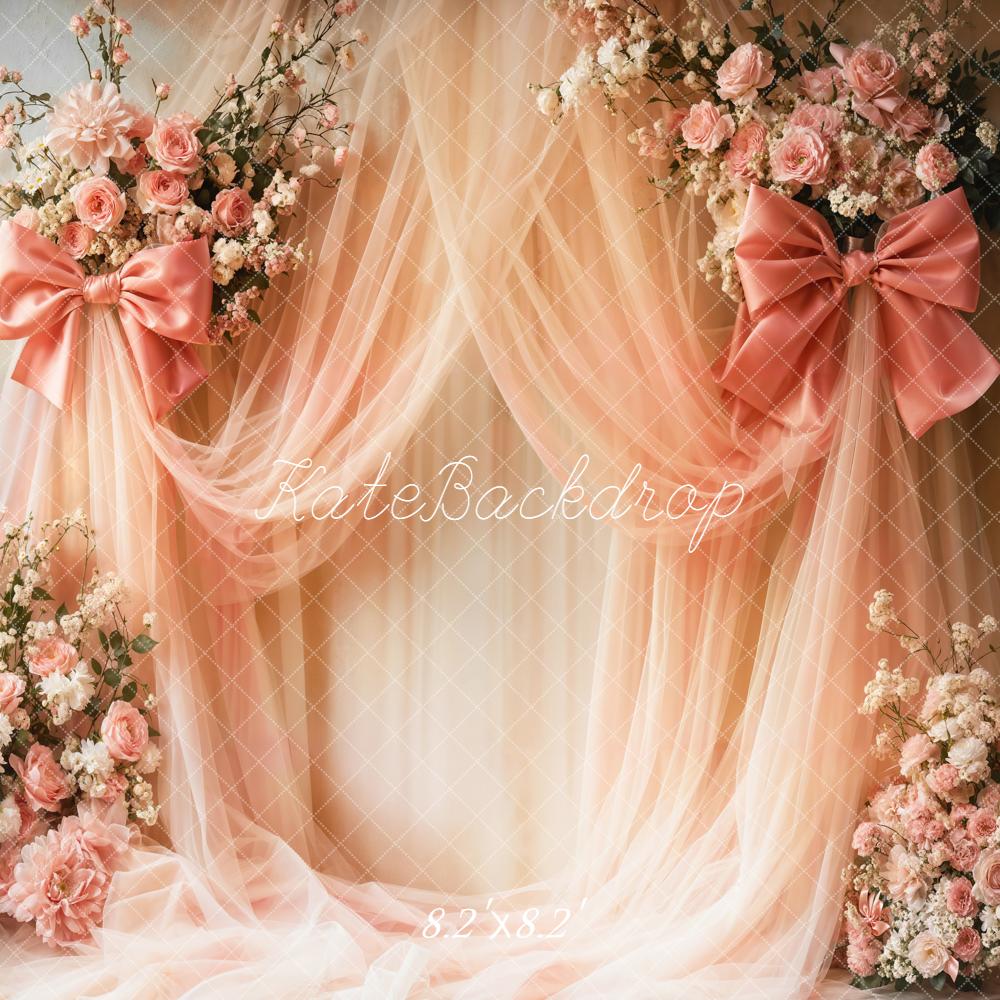Kate Wedding Pink Flowers Drapes Bow Backdrop Designed by Emetselch