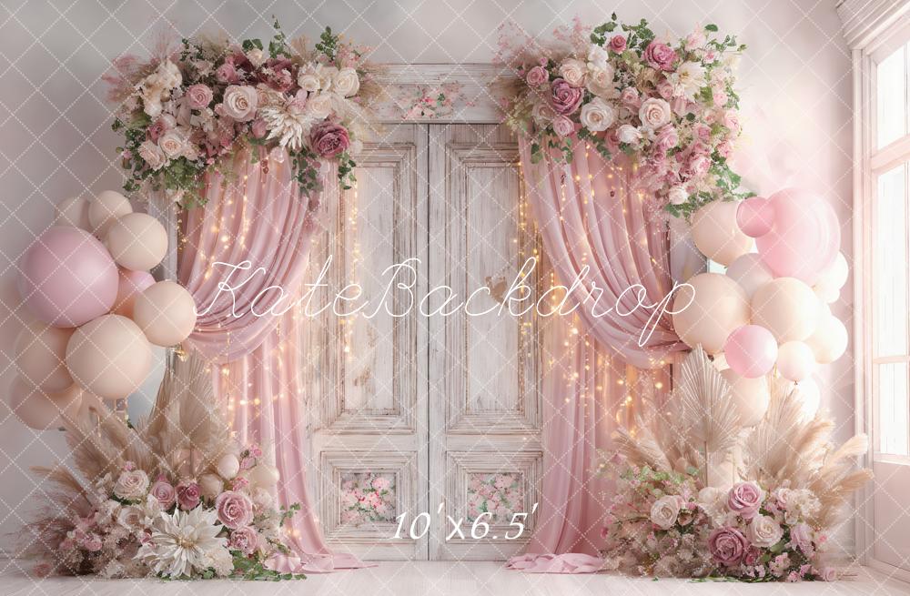 Lightning Deals-C1 Kate Wedding Pink Flower Balloons Retro Door Backdrop Designed by Ashley Paul