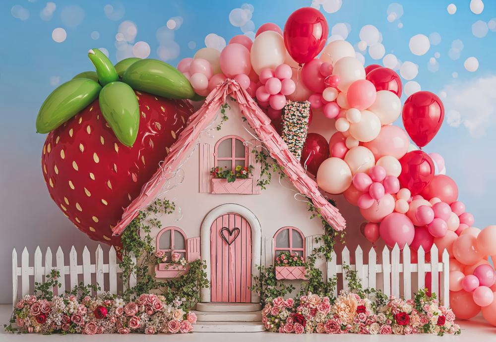 Kate Strawberry Balloon Cottage Pink Backdrop Designed by Emetselch - Kate Backdrop AU