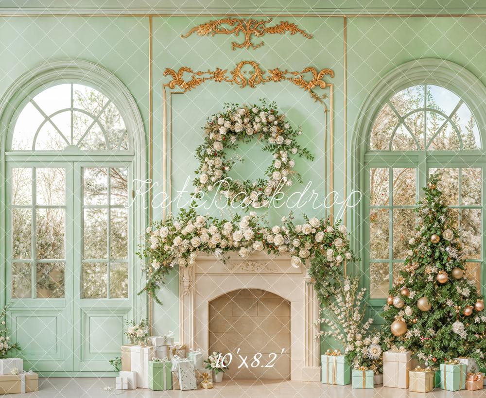Kate Mint Fireplace Christmas Backdrop Designed by Emetselch - Kate Backdrop AU