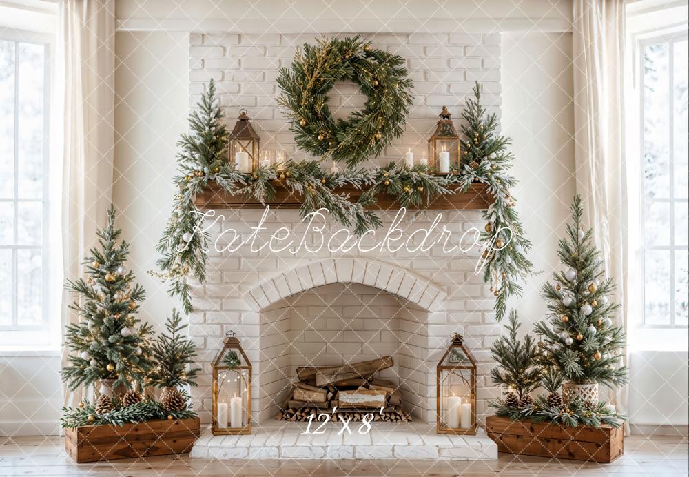 Kate Christmas Fireplace Trees Fleece Backdrop Designed by Emetselch