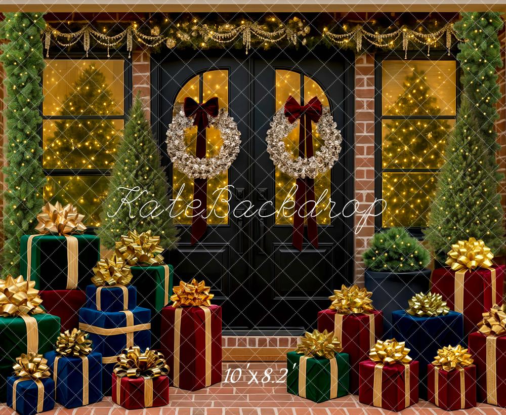 Kate Christmas Front Door Presents Trees Backdrop Designed by Mini MakeBelieve - Kate Backdrop AU