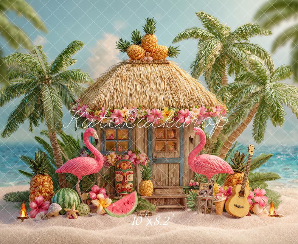 Kate Summer Tropical Hut Flamingos Fruit Backdrop Designed by Ashley Paul