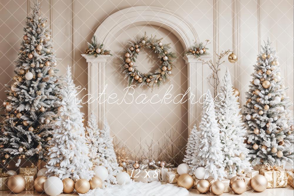 Kate Christmas White Trees Wreath Fleece Backdrop Designed by Emetselch