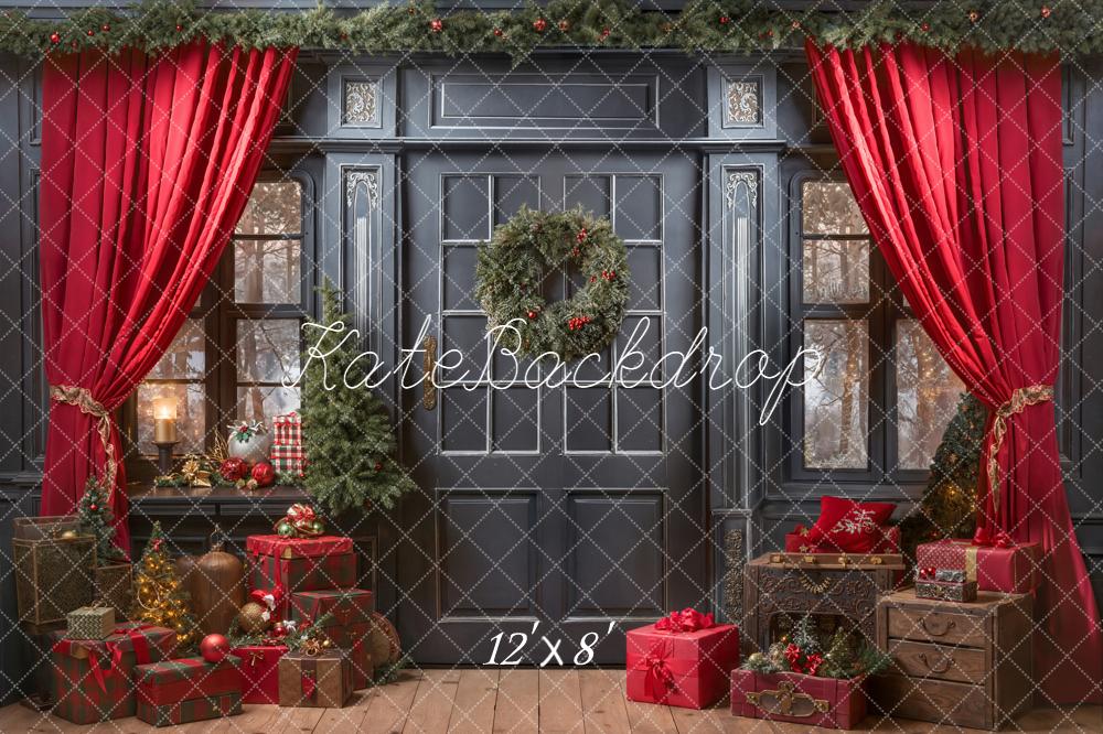Kate Christmas Red Curtains Fleece Backdrop Designed by Emetselch