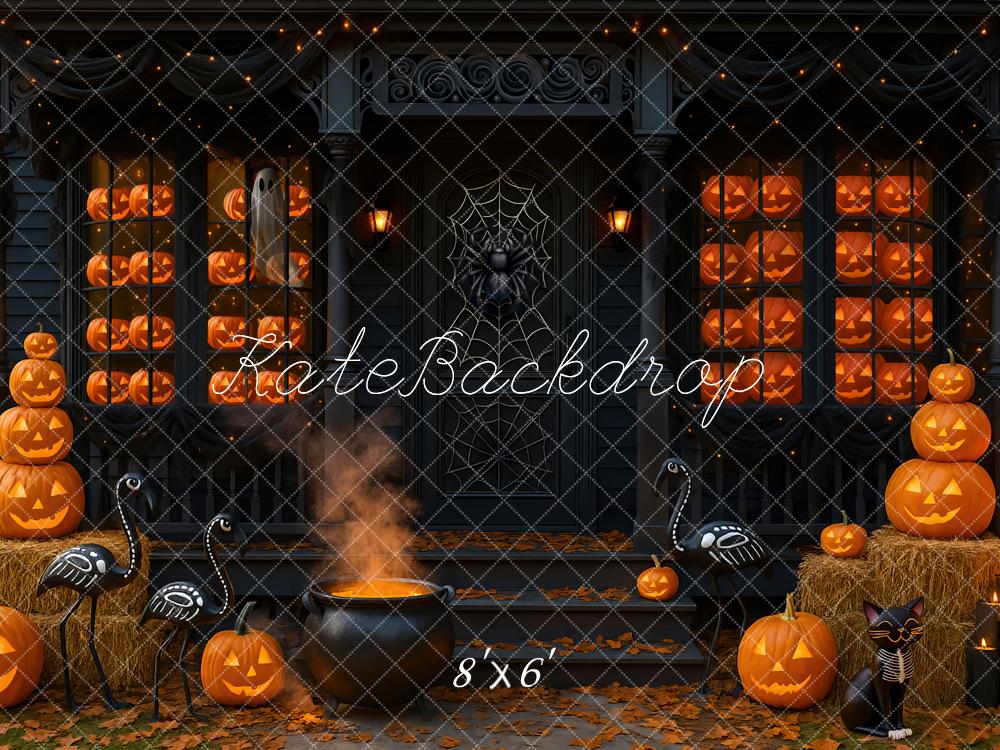 Kate Halloween Pumpkins Cauldron Porch Backdrop Designed by Mini MakeBelieve
