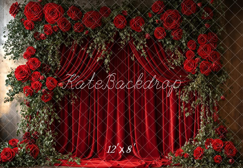 Kate Red Roses Curtains Fleece Backdrop Designed by Emetselch