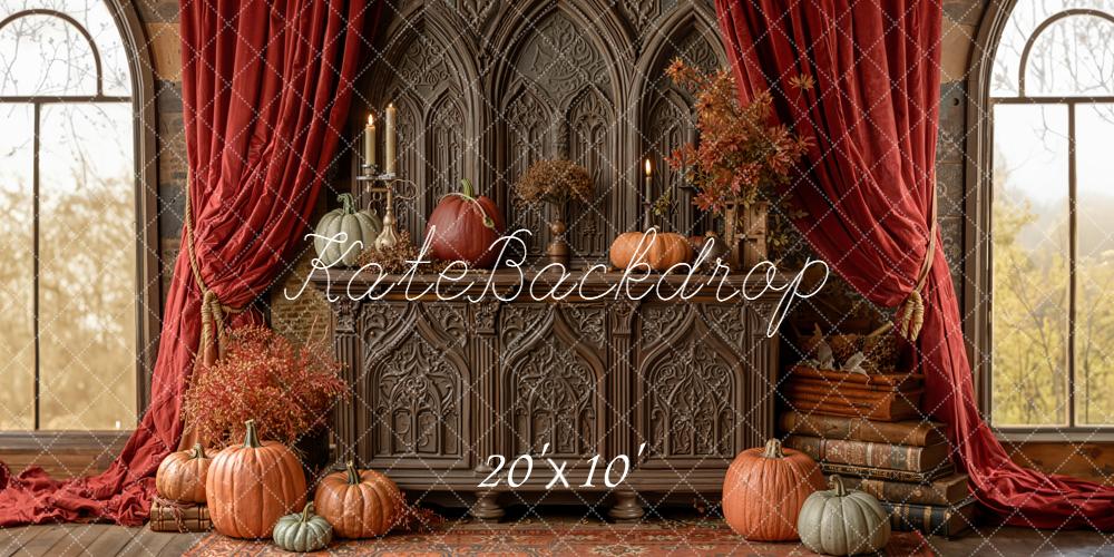 Kate Autumn Gothic Pumpkins Red Curtains Backdrop Designed by Emetselch