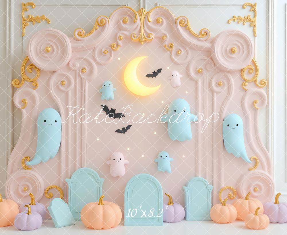 Kate Halloween Ghost Moon Pastel Pumpkins Backdrop Designed by Mini MakeBelieve