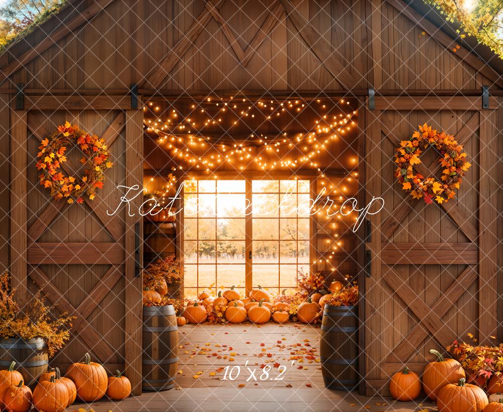 Kate Autumn Barn Pumpkins Lights Backdrop Designed by Emetselch